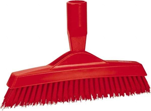 Vikan - 1.6" Bristle Length, Polyester Utility Scrub Brush - 9" Long x 1-1/2" Wide Head, 9-1/4" OAL, European Threaded Handle, Red, Polypropylene Block - A1 Tooling