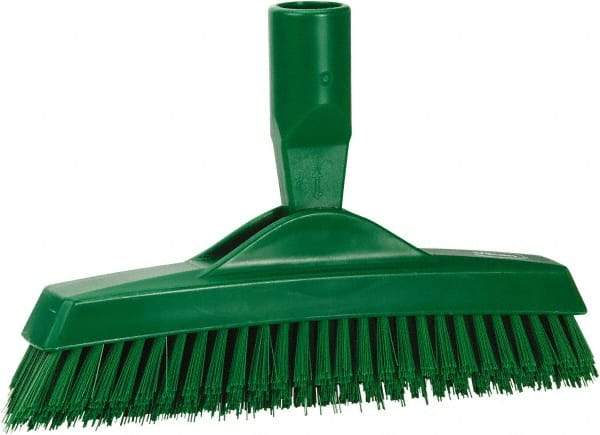 Vikan - 1.6" Bristle Length, Polyester Utility Scrub Brush - 9" Long x 1-1/2" Wide Head, 9-1/4" OAL, European Threaded Handle, Green, Polypropylene Block - A1 Tooling