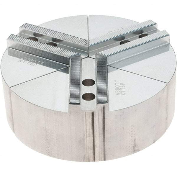 Abbott Workholding Products - 6" Max Chuck Capacity, 1.5mm x 60° Serrated Interface, Round Soft Lathe Chuck Jaw - 3 Jaw, Aluminum, 0.7874" Btw Mount Hole Ctrs, 6" Wide, 2" High, 10mm Fastener - A1 Tooling