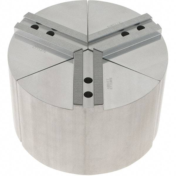 Abbott Workholding Products - 10" Max Chuck Capacity, 1.5mm x 60° Serrated Interface, Round Soft Lathe Chuck Jaw - 3 Jaw, Aluminum, 1.1811" Btw Mount Hole Ctrs, 10" Wide, 6" High, 12mm Fastener - A1 Tooling