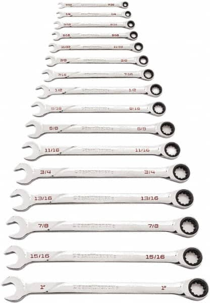 GearWrench - 16 Piece, 7/32" to 1", Ratcheting Combination Wrench Set - Inch Measurement Standard, Chrome Finish - A1 Tooling