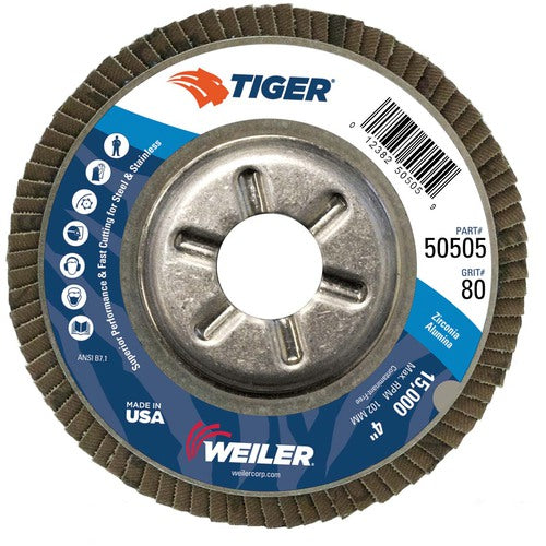 4″ Tiger Disc Abrasive Flap Disc, Angled, Alum. Backing, 80Z, 5/8″ Arbor Hole - A1 Tooling