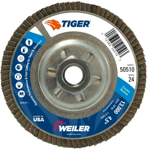 4-1/2″ Tiger Disc Abrasive Flap Disc, Angled, Alum. Backing, 24Z, 5/8″-11 UNC Nut - A1 Tooling