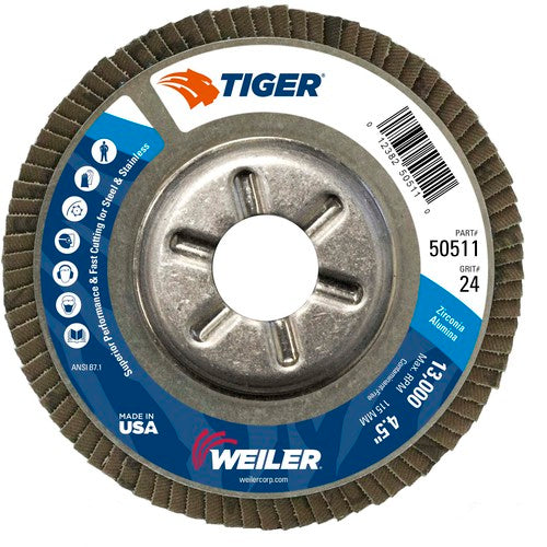 4-1/2″ Tiger Disc Abrasive Flap Disc, Angled, Alum. Backing, 24Z, 7/8″ Arbor Hole - A1 Tooling