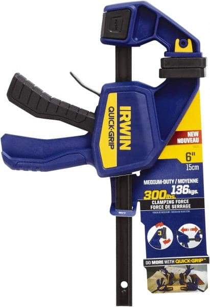 Irwin - 6" Capacity, 3-3/16" Throat Depth Carbon Steel Bar Clamp - 300 Lb Clamping Pressure, 13-1/4" OAL, 339.73mm Max Spread - A1 Tooling