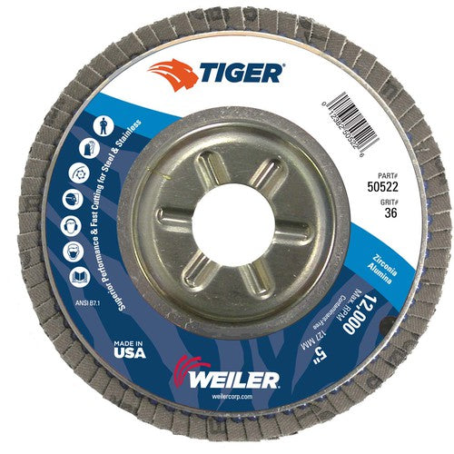 5″ Tiger Disc Abrasive Flap Disc, Angled, Alum. Backing, 36Z, 7/8″ Arbor Hole - A1 Tooling