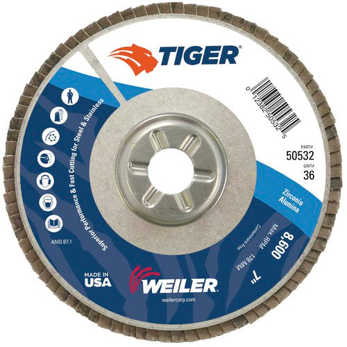 7″ Tiger Disc Abrasive Flap Disc, Angled, Alum. Backing, 36Z, 7/8″ Arbor Hole - A1 Tooling