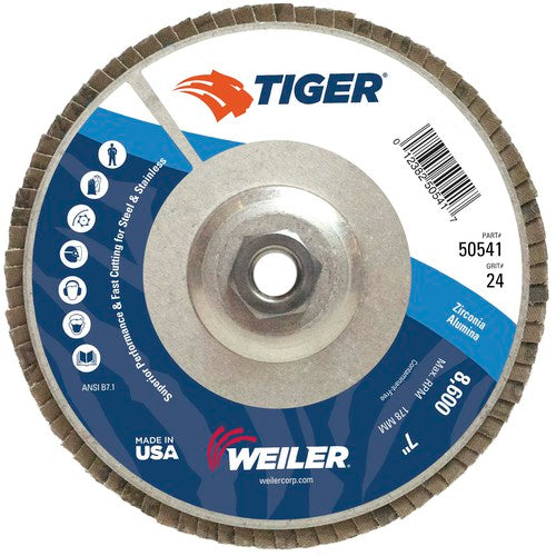 7″ Tiger Disc Abrasive Flap Disc, Angled, Alum. Backing, 24Z, 5/8″-11 UNC Nut - A1 Tooling