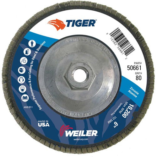 6″ Tiger Disc Abrasive Flap Disc, Angled, Phenolic Backing, 80Z, 5/8″-11 UNC Nut - A1 Tooling