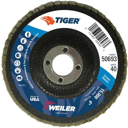 4″ Tiger Disc Abrasive Flap Disc, Flat, Phenolic Backing, 40Z, 5/8″ Arbor Hole - A1 Tooling