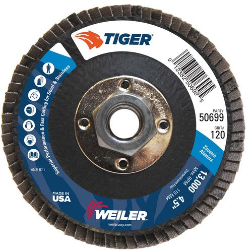 4-1/2″ Tiger Disc Abrasive Flap Disc, Flat, Phenolic Backing, 120Z, 5/8″-11 UNC Nut - A1 Tooling