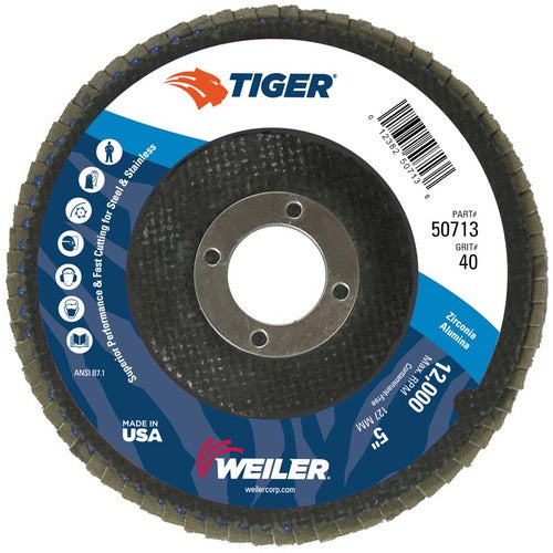 5″ Tiger Disc Abrasive Flap Disc, Flat, Phenolic Backing, 40Z, 7/8″ Arbor Hole - A1 Tooling