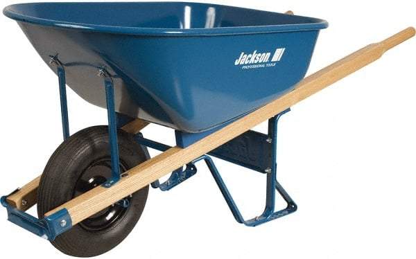 Jackson Professional Tools - 6 Cu Ft Capacity Wheelbarrow with 16" Pneumatic Wheel - Wood Handle, 58-3/4" Long x 25-1/2" Wide x 27" High, Blue - A1 Tooling