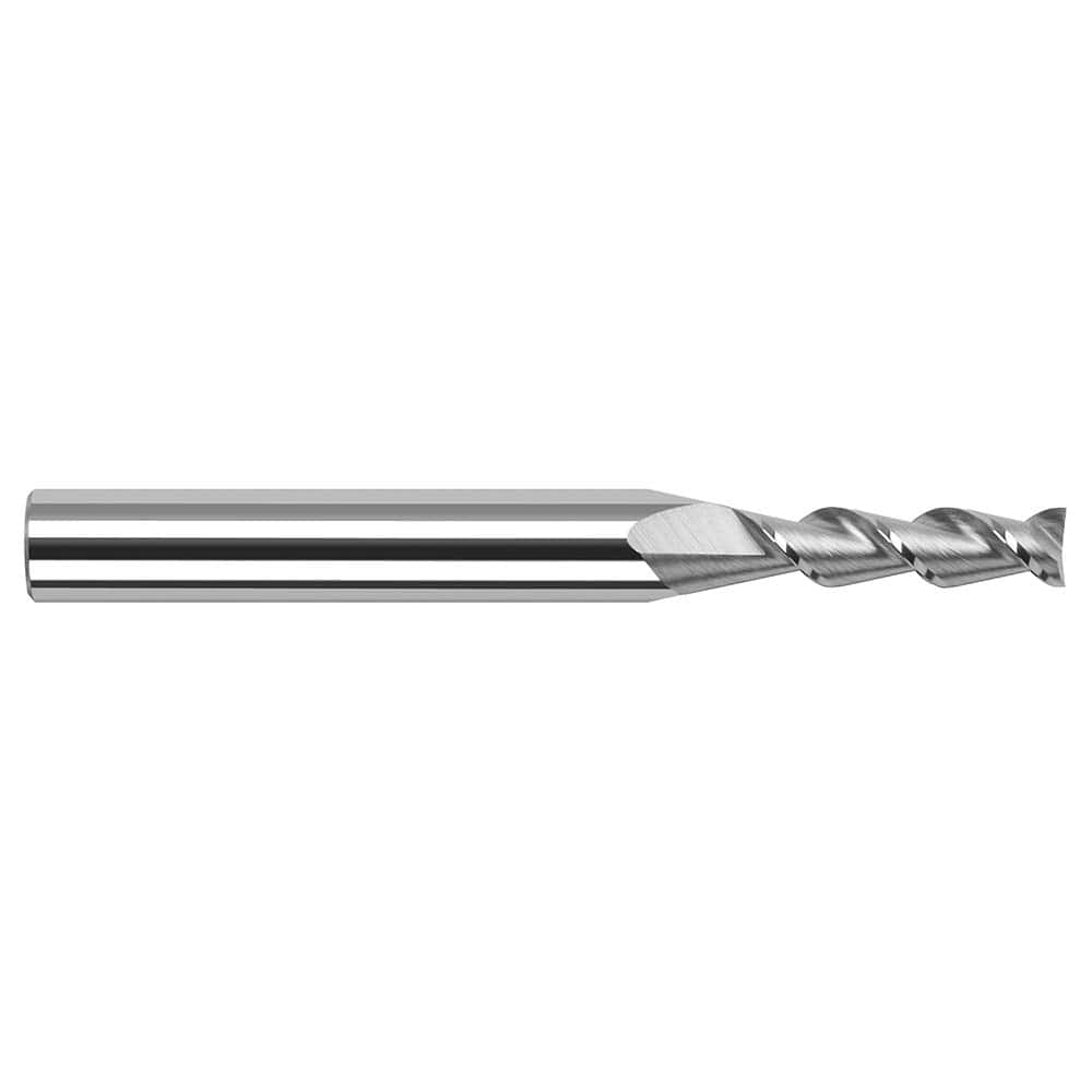 Square End Mill: 1/16'' Dia, 1/4'' LOC, 1/8'' Shank Dia, 2-1/2'' OAL, 2 Flutes, Solid Carbide Single End, Uncoated, 45 ° Helix, Centercutting, RH Cut, RH Flute