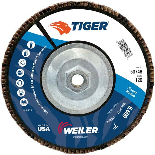 7″ Tiger Disc Abrasive Flap Disc, Flat, Phenolic Backing, 120Z, 5/8″-11 UNC Nut - A1 Tooling