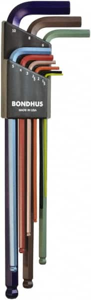 Bondhus - 9 Piece L-Key Ball End Hex Key Set - Hex Range 1.5 to 10mm, 8.4" OAL - A1 Tooling