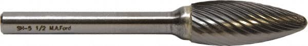 M.A. Ford - 1/8" Cut Diam, 1/8" Shank Diam, Flame Head Fine Cut Burr - Carbide, Radius End, 1/4" LOC, 3" OAL - A1 Tooling