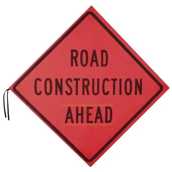 PRO-SAFE - "Road Construction Ahead", 48" Wide x 48" High, Nylon Construction Roadway Signs - Orange, Square, Sign Stand Mount - A1 Tooling