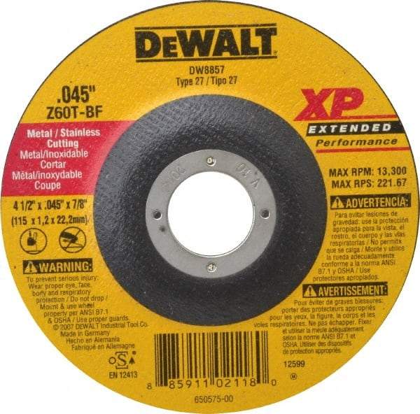 DeWALT - 60 Grit, 4-1/2" Wheel Diam, 7/8" Arbor Hole, Type 27 Depressed Center Wheel - Zirconia Alumina, T Hardness, 13,300 Max RPM, Compatible with Angle Grinder - A1 Tooling