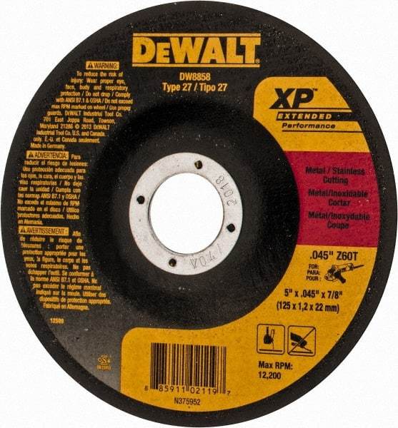 DeWALT - 60 Grit, 5" Wheel Diam, 7/8" Arbor Hole, Type 27 Depressed Center Wheel - Zirconia Alumina, T Hardness, 12,200 Max RPM, Compatible with Angle Grinder - A1 Tooling