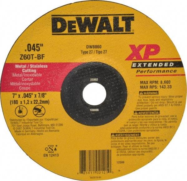 DeWALT - 60 Grit, 7" Wheel Diam, 7/8" Arbor Hole, Type 27 Depressed Center Wheel - Zirconia Alumina, T Hardness, 8,700 Max RPM, Compatible with Angle Grinder - A1 Tooling