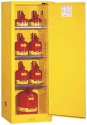 Justrite - 1 Door, 3 Shelf, Yellow Steel Space Saver Safety Cabinet for Flammable and Combustible Liquids - 65" High x 23-1/4" Wide x 18" Deep, Self Closing Door, 22 Gal Capacity - A1 Tooling