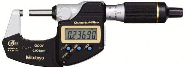 Mitutoyo - 0.001 mm Resolution, Standard Throat, Electronic Outside Micrometer - Includes Stand - A1 Tooling