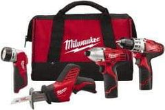 Milwaukee Tool - 12 Volt Cordless Tool Combination Kit - Includes 3/8" Drill/Driver, Reciprocating Saw, 1/4" Hex Impact Driver & Work Light, Lithium-Ion Battery Not Included - A1 Tooling