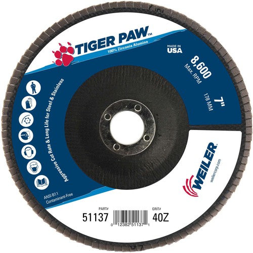 7″ Tiger Paw Abrasive Flap Disc, Flat, Phenolic Backing, 40Z, 7/8″ Arbor Hole - A1 Tooling