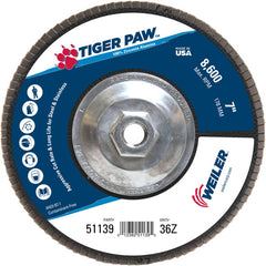 7″ Tiger Paw Abrasive Flap Disc, Flat, Phenolic Backing, 36Z, 5/8″-11 Arbor Hole - A1 Tooling