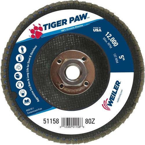 5″ Tiger Paw Abrasive Flap Disc, Angled, Phenolic Backing, 80Z, 5/8″-11 Arbor Hole - A1 Tooling