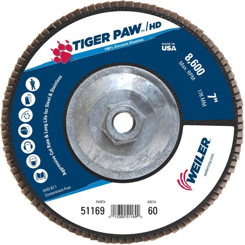 7″ Tiger Paw Super High Density Flap Disc, Flat, Phenolic Backing, 60Z, 5/8″-11 Arbor Hole - A1 Tooling