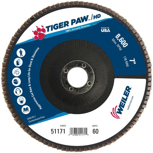 7″ Tiger Paw Super High Density Flap Disc, Flat, Phenolic Backing, 60Z, 7/8″ Arbor Hole - A1 Tooling