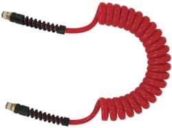 PRO-SOURCE - 5/16" ID, 1/4 Thread, 25' Long, Red Polyurethane Coiled & Self Storing Hose - 185 Max psi, Male Swivel x Male Swivel - A1 Tooling