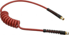 PRO-SOURCE - 1/4" ID, 1/4 Thread, 5' Long, Red Polyurethane Coiled & Self Storing Hose - 220 Max psi, Male Swivel x Male Swivel - A1 Tooling