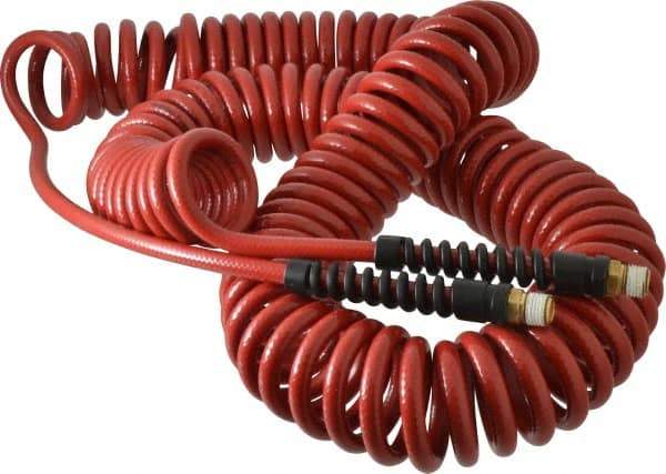 PRO-SOURCE - 1/4" ID, 1/4 Thread, 50' Long, Red Polyurethane Coiled & Self Storing Hose - 220 Max psi, Male Swivel x Male Swivel - A1 Tooling