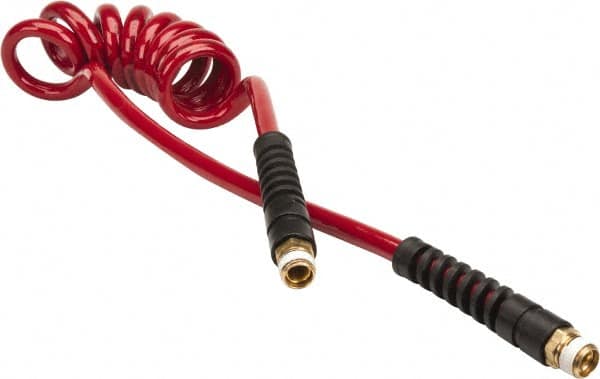 PRO-SOURCE - 5/16" ID, 3/8 Thread, 5' Long, Red Polyurethane Coiled & Self Storing Hose - 185 Max psi, Male Swivel x Male Swivel - A1 Tooling