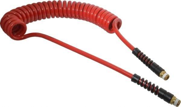 PRO-SOURCE - 5/16" ID, 3/8 Thread, 15' Long, Red Polyurethane Coiled & Self Storing Hose - 185 Max psi, Male Swivel x Male Swivel - A1 Tooling