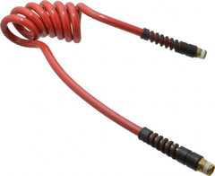 PRO-SOURCE - 3/8" ID, 3/8 Thread, 5' Long, Red Polyurethane Coiled & Self Storing Hose - 200 Max psi, Male Swivel x Male Swivel - A1 Tooling