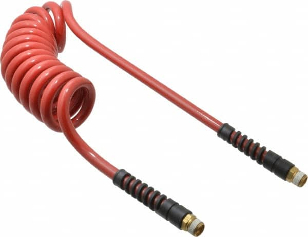 PRO-SOURCE - 3/8" ID, 3/8 Thread, 10' Long, Red Polyurethane Coiled & Self Storing Hose - 200 Max psi, Male Swivel x Male Swivel - A1 Tooling