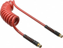 PRO-SOURCE - 3/8" ID, 3/8 Thread, 10' Long, Red Polyurethane Coiled & Self Storing Hose - 200 Max psi, Male Swivel x Male Swivel - A1 Tooling