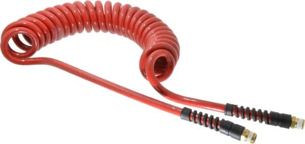 PRO-SOURCE - 3/8" ID, 3/8 Thread, 15' Long, Red Polyurethane Coiled & Self Storing Hose - 200 Max psi, Male Swivel x Male Swivel - A1 Tooling