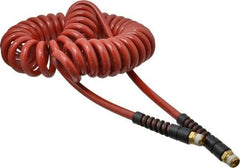 PRO-SOURCE - 3/8" ID, 3/8 Thread, 25' Long, Red Polyurethane Coiled & Self Storing Hose - 200 Max psi, Male Swivel x Male Swivel - A1 Tooling