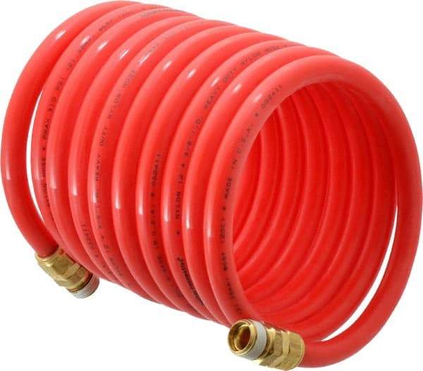 PRO-SOURCE - 3/8" ID, 3/8 Thread, 12' Long, Red Nylon Coiled & Self Storing Hose - 310 Max psi, Male Swivel x Male Swivel - A1 Tooling