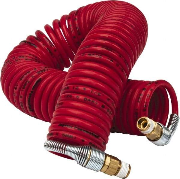 PRO-SOURCE - 1/8" ID, 1/8 Thread, 25' Long, Red Nylon Coiled & Self Storing Hose - 386 Max psi, Male Swivel x Male Swivel - A1 Tooling