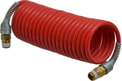 PRO-SOURCE - 3/16" ID, 1/4 Thread, 12' Long, Red Nylon Coiled & Self Storing Hose - 287 Max psi, Male Swivel x Male Swivel - A1 Tooling