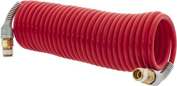 PRO-SOURCE - 3/16" ID, 1/4 Thread, 17' Long, Red Nylon Coiled & Self Storing Hose - 287 Max psi, Male Swivel x Male Swivel - A1 Tooling