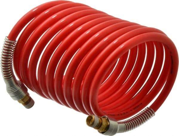 PRO-SOURCE - 5/16" ID, 1/4 Thread, 12' Long, Red Nylon Coiled & Self Storing Hose - 213 Max psi, Male Swivel x Male Swivel - A1 Tooling