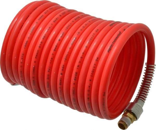 PRO-SOURCE - 5/16" ID, 1/4 Thread, 17' Long, Red Nylon Coiled & Self Storing Hose - 213 Max psi, Male Swivel x Male Swivel - A1 Tooling