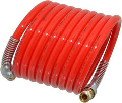 PRO-SOURCE - 3/8" ID, 3/8 Thread, 12' Long, Red Nylon Coiled & Self Storing Hose - 225 Max psi, Male Swivel x Male Swivel - A1 Tooling